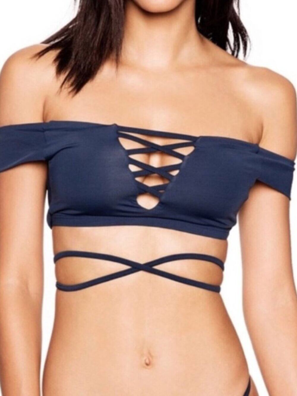Frankies Bikinis Shiloh Top Medium Off the Shoulder Strappy Swim Blue